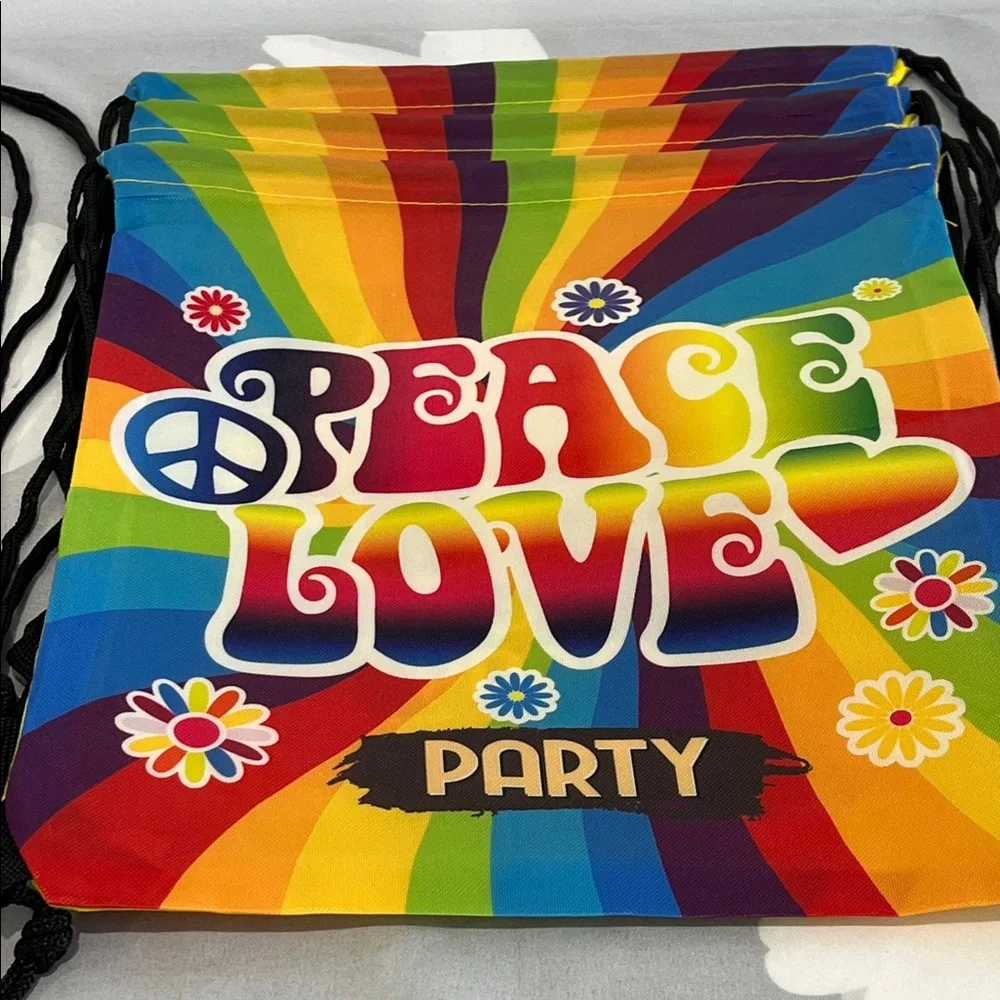 NWOT FREE SPIRIT and Peace Love Drawstring Party Bags Colorful Design, 7 Bag Set